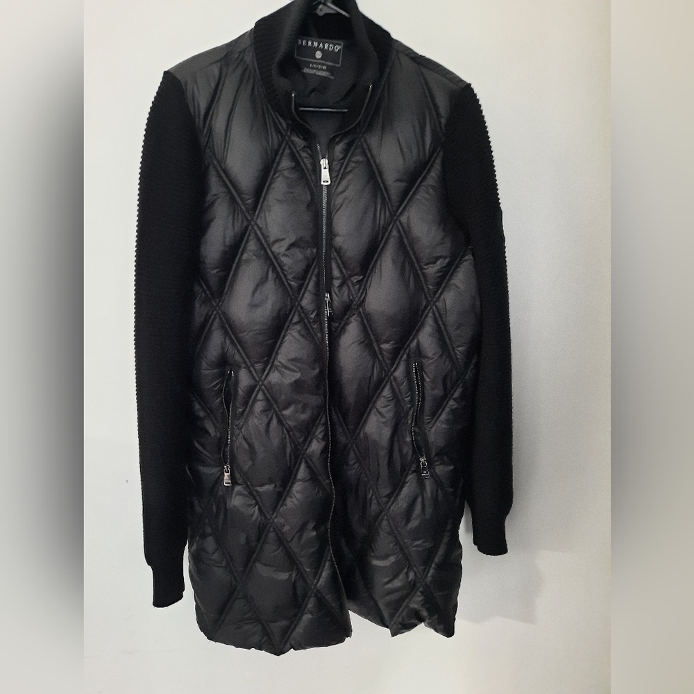 BERNARDO BLACK Knit Sleeve Diamond Quilt Puffer Coat Size LARGE